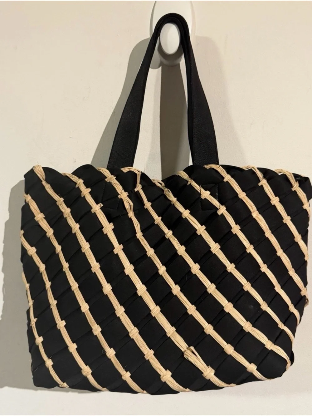 Naghedi Black Tote with Natural Weave Overlay